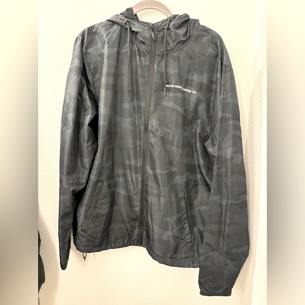 Deathwish Coffee, Windbreaker with hood, grey camo with glow in the dark logo